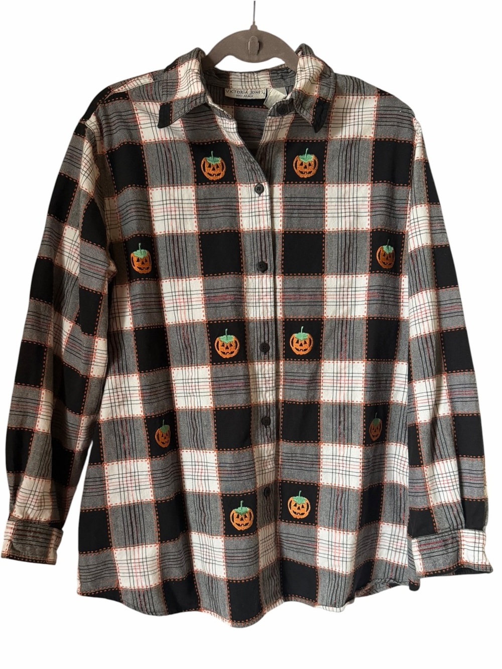 Vintage Halloween Black White Plaid Pumpkin Button Up Shirt Cotton Fall